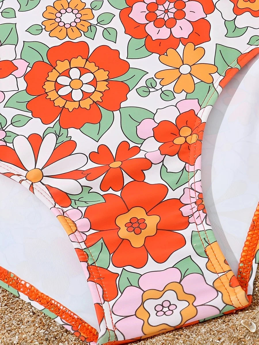 Flower Print Hollow Cross Girls Swimsuit One Piece Kids Swimwear Female Children's Bathers Bathing Swimming Swim Suit Beachwear