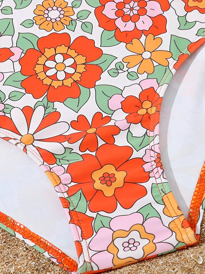 Flower Print Hollow Cross Girls Swimsuit One Piece Kids Swimwear Female Children's Bathers Bathing Swimming Swim Suit Beachwear