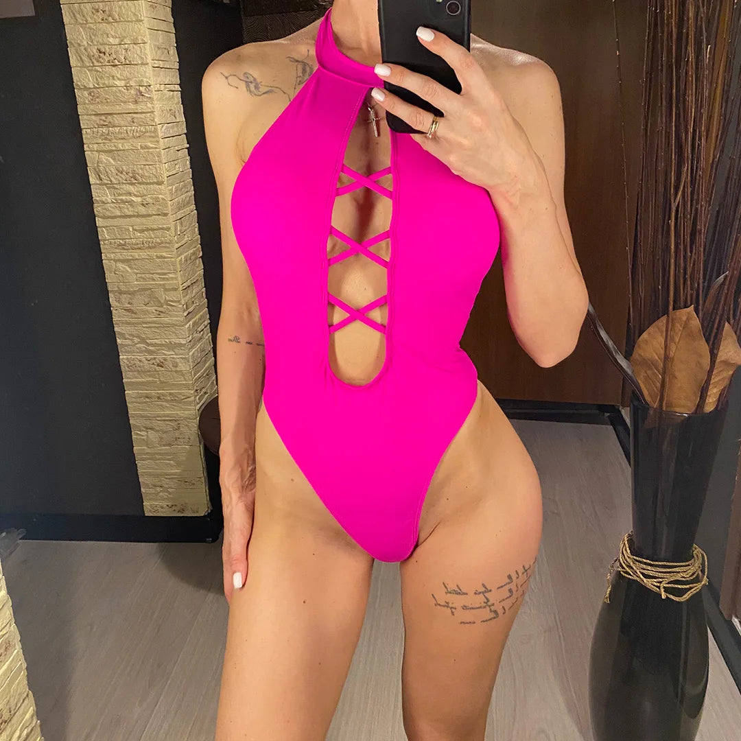 S - XL 7 Colors Lace Up High Neck Full Back Women Swimwear One Piece Swimsuit Female High Leg Cut Bather Bathing Suit Swim