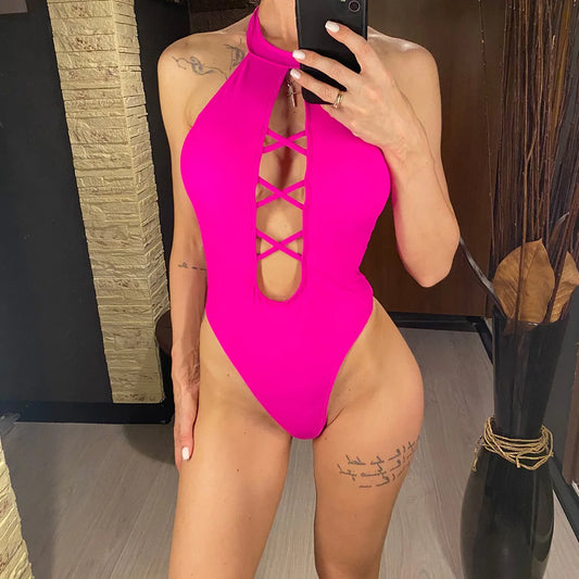 S - XL 7 Colors Lace Up High Neck Full Back Women Swimwear One Piece Swimsuit Female High Leg Cut Bather Bathing Suit Swim