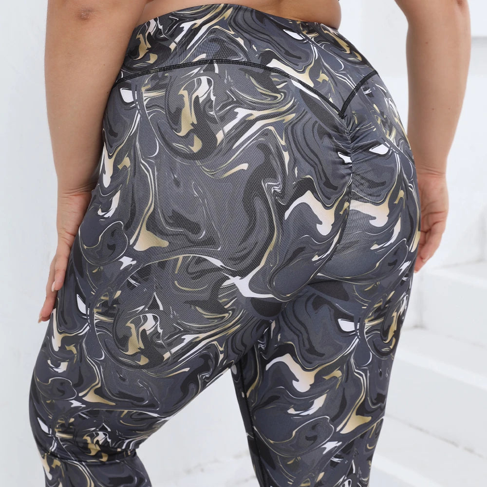 Womens High Waist Yoga Pants Marble Print Leggings Elastic Stretch Fitness Running Trousers Sports Wear For Ladies 0XL-4XL