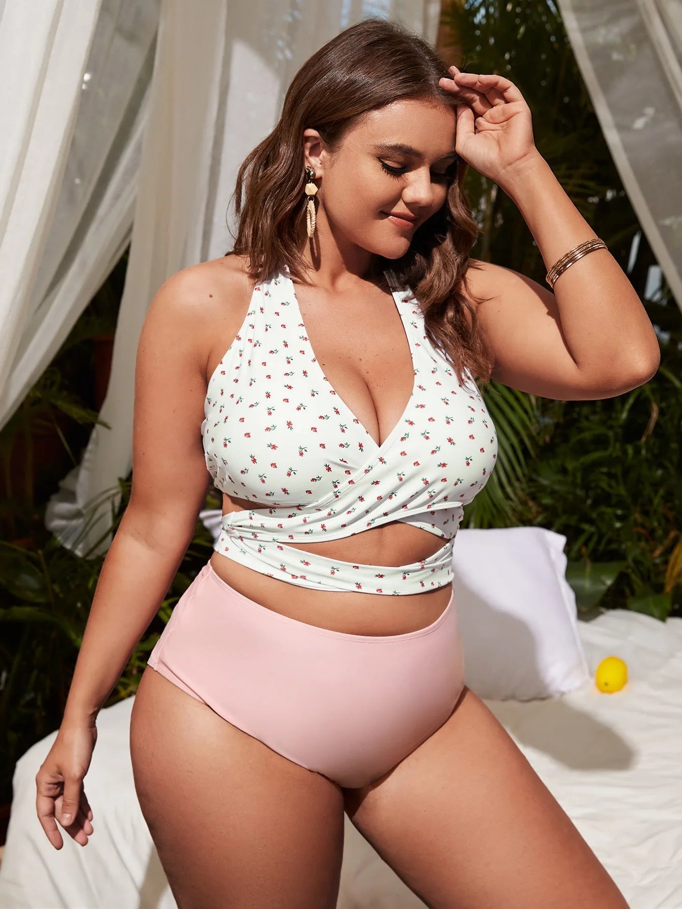 Womens Swimwear Two Piece Plus Size Bikini Set Printed Front Cross Bandage Swimsuit Tummy Control Bathing Suits