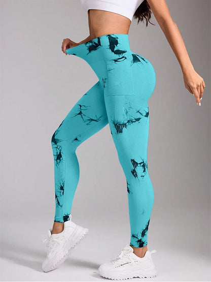 Women's High Waist Yoga Leggings with Pockets Tie-Dye Print Stretchy Workout Pants Butt Lifting Quick-Dry for Gym, Pilates, HIIT