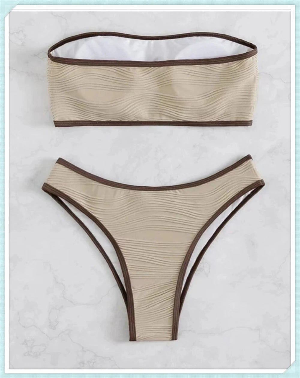 Bandeau High Waist Bikini Women Triangle Swimsuit Stitch Detail Swimwear Padded Bathing Suit Female Solid Beachwear