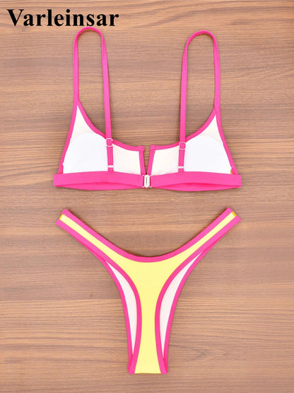S - XL Splicing V Shaped High Leg Cut Bikini Female Swimsuit Women Swimwear Two-pieces Bikini set Bather Bathing Suit Swim