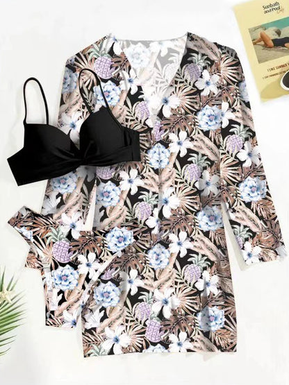 3 Pieces High Waist Bikini With Long Sleeve Kimono Swimsuit Women Print Swimwear Female Bathing Swimming Beach Suit Summer