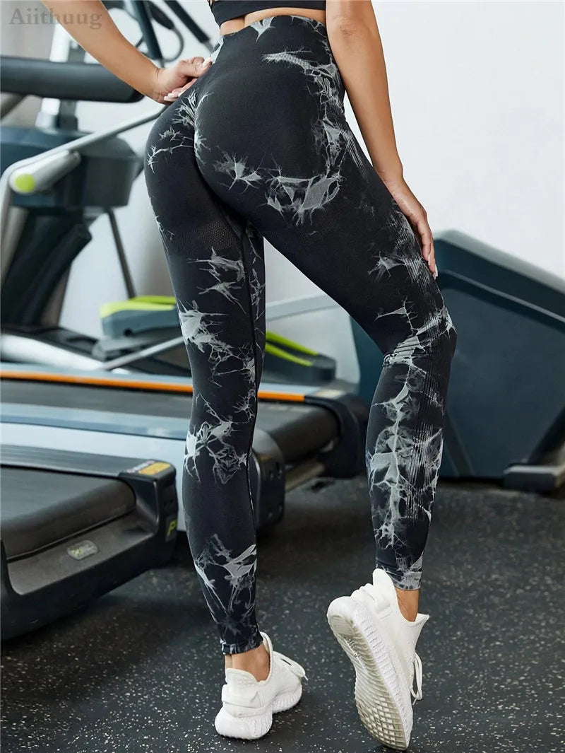 Aiithuug Womens High Waist Yoga Pants Tie Dye Ripped Tummy Control Workout Running Yoga Skinny Leggings Tummy Control Yoga Pants
