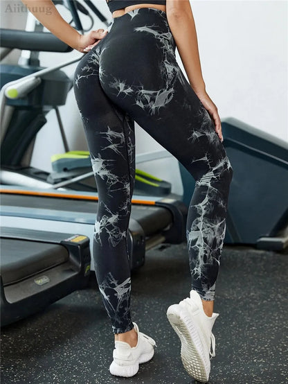 Aiithuug Womens High Waist Yoga Pants Tie Dye Ripped Tummy Control Workout Running Yoga Skinny Leggings Tummy Control Yoga Pants