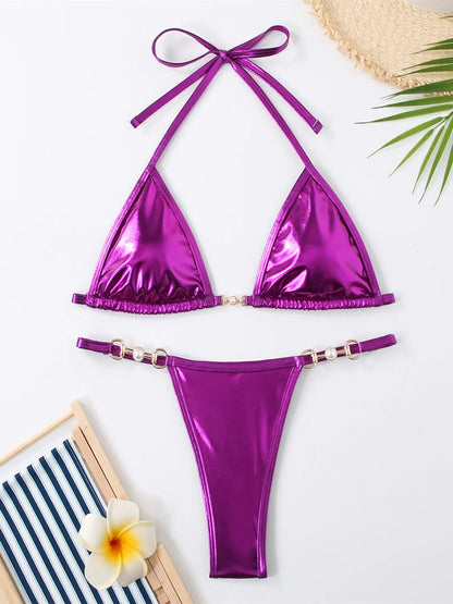 Shiny Pink Micro Bikini Women PU Pearls Push Up Thong Swimsuit Summer Bathing Suit Bandage Holiday Swimwear