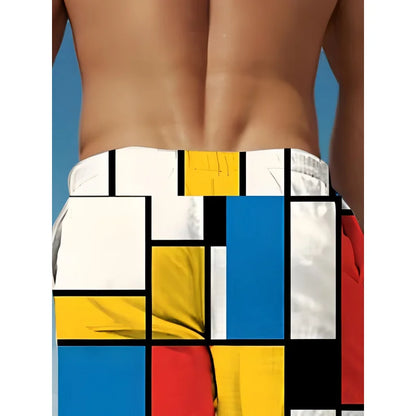 Mens Drawstring Trousers Relaxed Comfortable Geometric Patterned Loose Fit Pants With Elastic Waist  Casual Summer Daily Wear