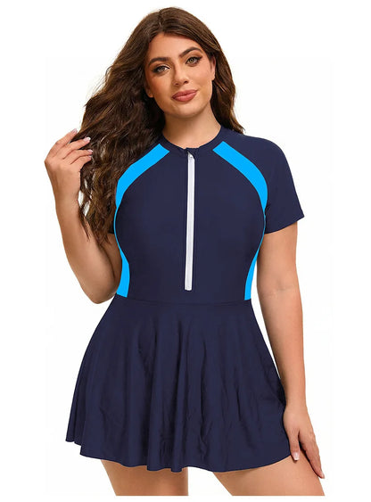 Women's Plus Size Color block Swimwear One Piece Swimsuit Full Zip Short Sleeve Rash Guard UPF 50+ Beach Bathing Suit Beachwear