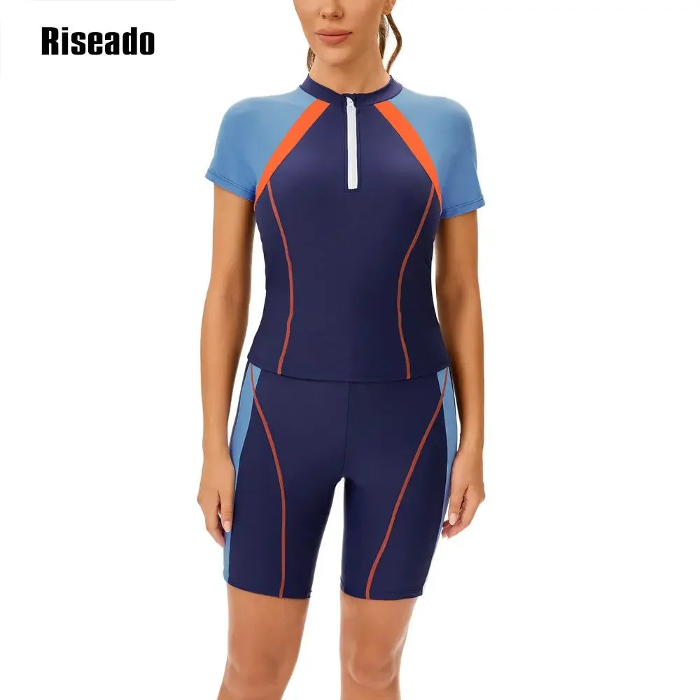 Women's Rash Guard 2 Piece Short Sleeve Swim Shirt with Shorts Swimsuit Two pcs Swimwear