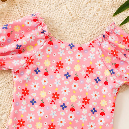 Floral Girls One Piece Swimsuit 7-12 Year Kids Swim Suit Short Sleeve Children's Swimwear Beach Wear Bathing Suits