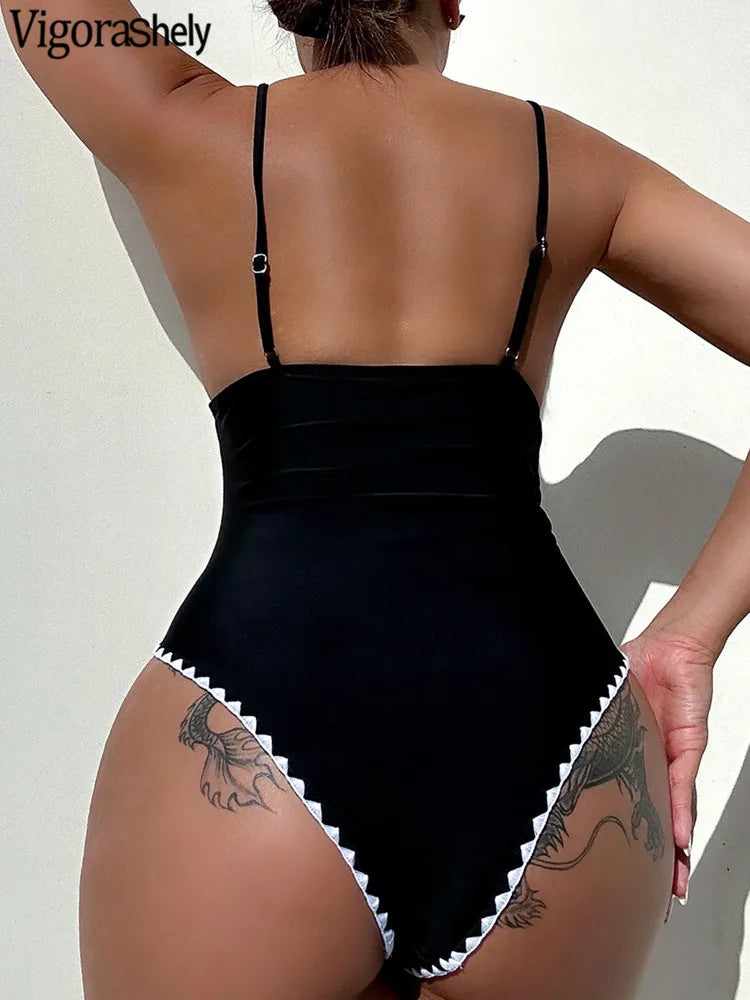 Solid Strapped Swimwear Women Push UP One Piece Swimsuit Monokini High Cut Backless Beach Bathing Suit