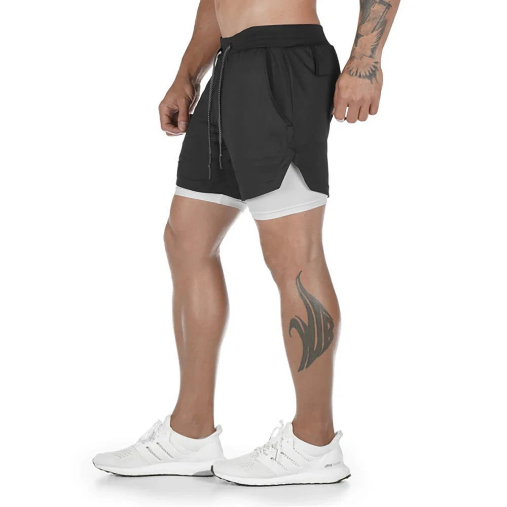 Men Shorts 2 In 1 Double-deck Quick Dry GYM Sport Shorts Fitness Jogging Workout Men Sports Short Pants