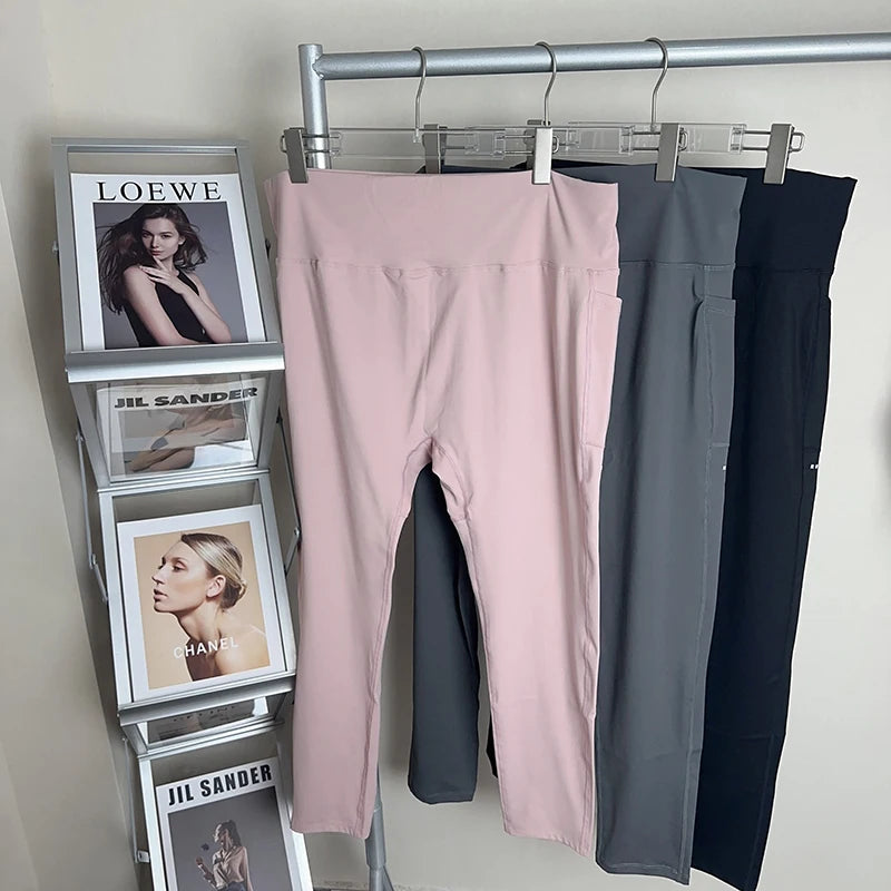 XL~4XL Gym Leggings Yoga Oversized Women's Pants Two Side Pockets Tight Breathable Elastic High Waist Womens Clothing