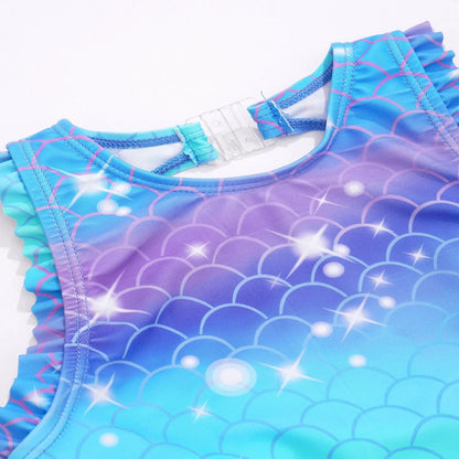 Kids Girls Mermaid Swimsuit Sleeveless Fish Scales Print Ruffle Flounce Jumpsuit Bathing Suit Pool Beach Athletic Swimwear