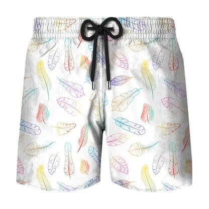Flower Leaf Graphic Swim Trunks For Men Ethnic Feathers 3D Printed Short Pants Summer Loose Harajuku Sport Street Board Shorts