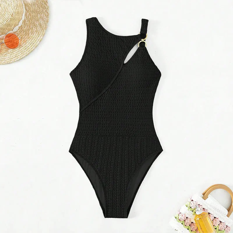Summer Solid Color One-Piece Swimsuit Ladies Black Hollow Conservative Swimwear Beach Swimming Bathing Suit for Women