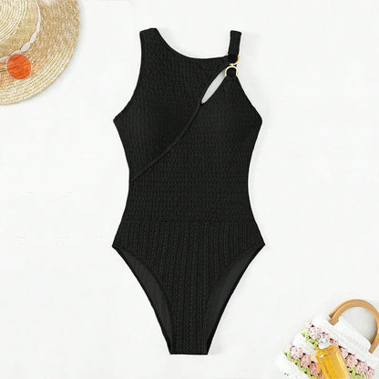Summer Solid Color One-Piece Swimsuit Ladies Black Hollow Conservative Swimwear Beach Swimming Bathing Suit for Women
