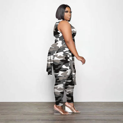 Camouflage Plus Size Women Clothing Two Piece Outfits Sleeveless Round Neck Bandage Crop Tops Pants Sets