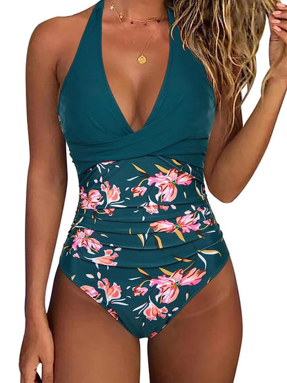 Halter Swimsuit Women One Piece Printed Cross Smocked Swimwear Female Bodysuit Bathing Swimming Suit Padded Beachwear