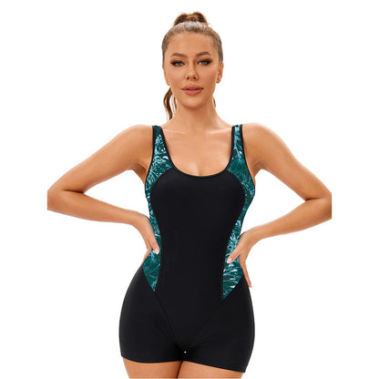 Womens One Piece Athletic Swimsuit Sleeveless Boyleg Bodysuit Color Block Sport Swimwear Leotards Wetsuit Beach Bathing Suit