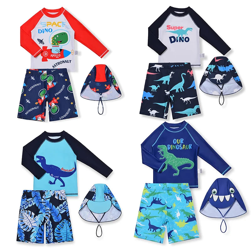 3 Pcs Boy Swimsuit Sun Protection UPF 50+ Long Sleeve Swimming Sunsuit With Hat Split Cartoon Dinosaur Bathing Suits Children