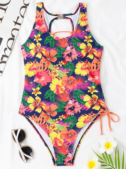 Lace Up Back Swimsuit One Piece Printed Swimwear Women Backless Bathing Swimming Suit Female Padded Beachwear Bodysuit