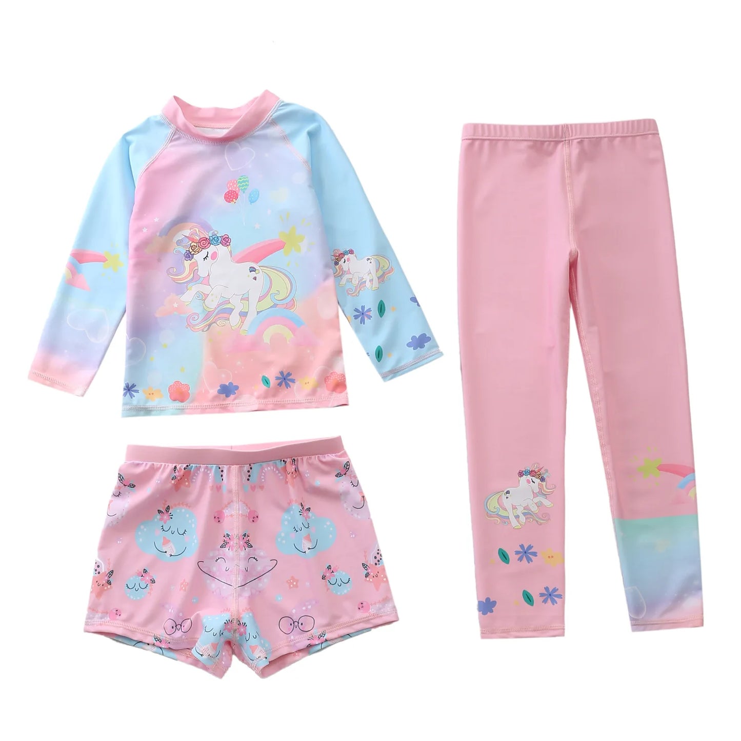 Kids Swimsuit for Girls Unicorn Long Sleeve Children's Swimwear + Surf Pants + Swimming Trunks Rash Guard Bathing Suit Child