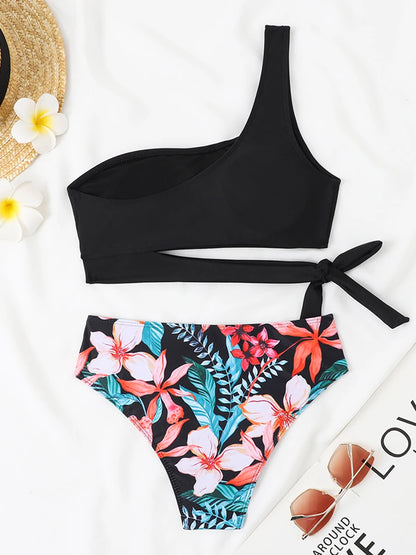 One Shoulder Bikini Set Swimsuit Women Solid Padded Swimwear Female Bathers Bathing Swimming Swim Suit Beachwear