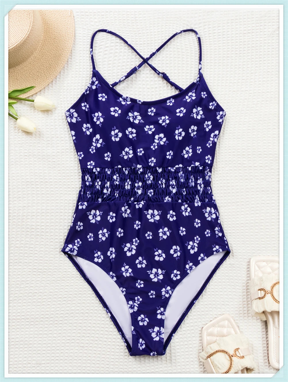 Straped Criss Back One Piece Swimsuit Vintage Swimwear Women Floral Print Bathing Suit Female Front Fold Beachwear Bodysuit