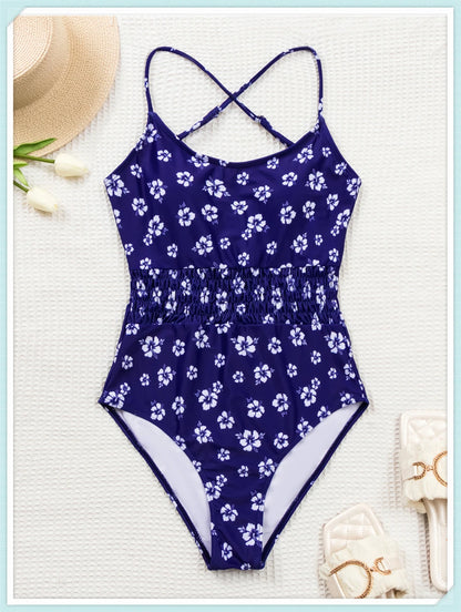 Straped Criss Back One Piece Swimsuit Vintage Swimwear Women Floral Print Bathing Suit Female Front Fold Beachwear Bodysuit
