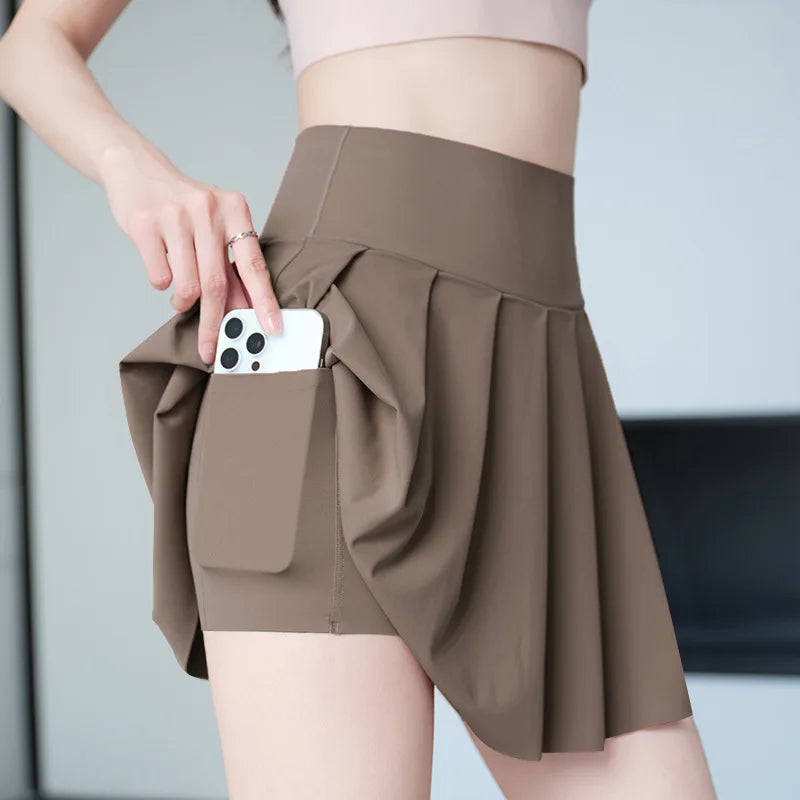 Pleated Skirts Shorts With Pocket Women Sharkskin Sport Fitness Tennis Mini Short Skirt