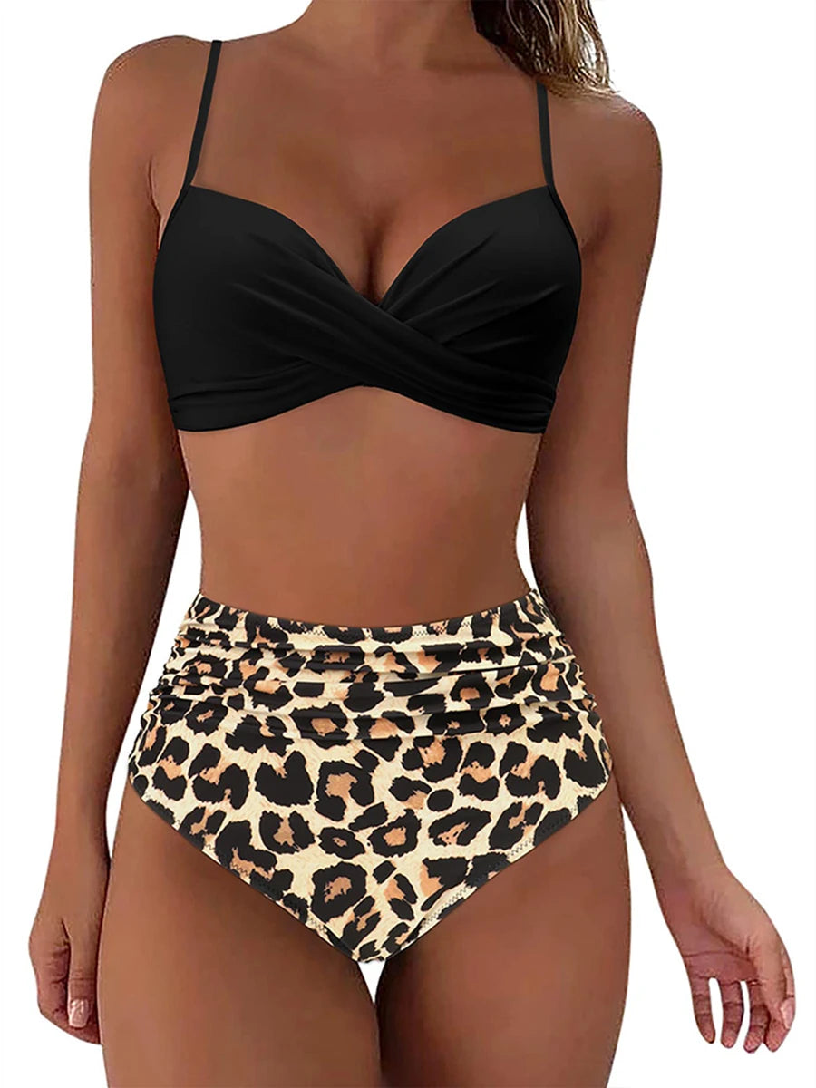 Cross Frill Bikinis Women Swimwear Print Sexy High Waist Swimsuit Female Beachwear Bathers Bathing Swimming Swim Suit