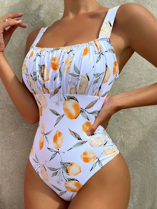 Pleated Front Swimsuit One Piece Printed Swimwear Women Bodysuit Lady Bathers Bathing Swimming Swim Beachwear Summer