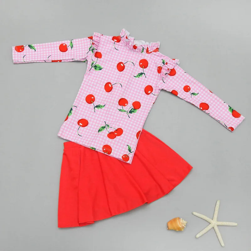 Girls' Long Sleeve Swimming Suit Skirt Style Quick Dry Thermal Sunscreen Swimwear Casual Surf Suit Children's Two Piece Swimsuit