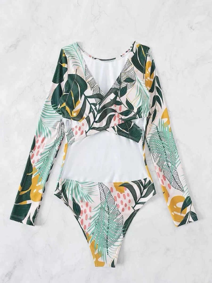 Tropical Leaf Print Long Sleeve Swimsuit One Piece Hollow Out Cross Swimwear Women Bathing Suit Padded Beachwear Swimming Summer