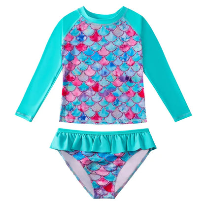 Children's Mermaid Split Bathing Suit Baby Girl Fish Scale 3D Printing Sunblock Swimsuit Kids Long Sleeves Top+Bikini 2Pcs Set