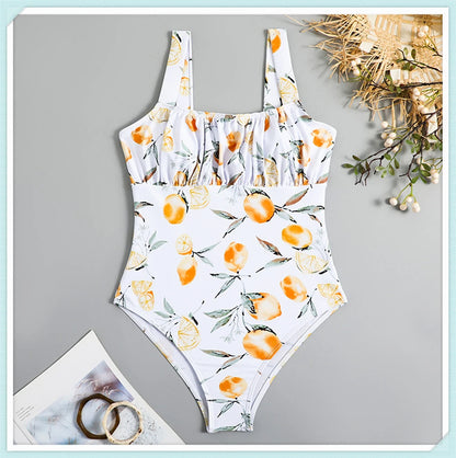 Pleated Front Swimsuit One Piece Printed Swimwear Women Bodysuit Lady Bathers Bathing Swimming Swim Beachwear Summer