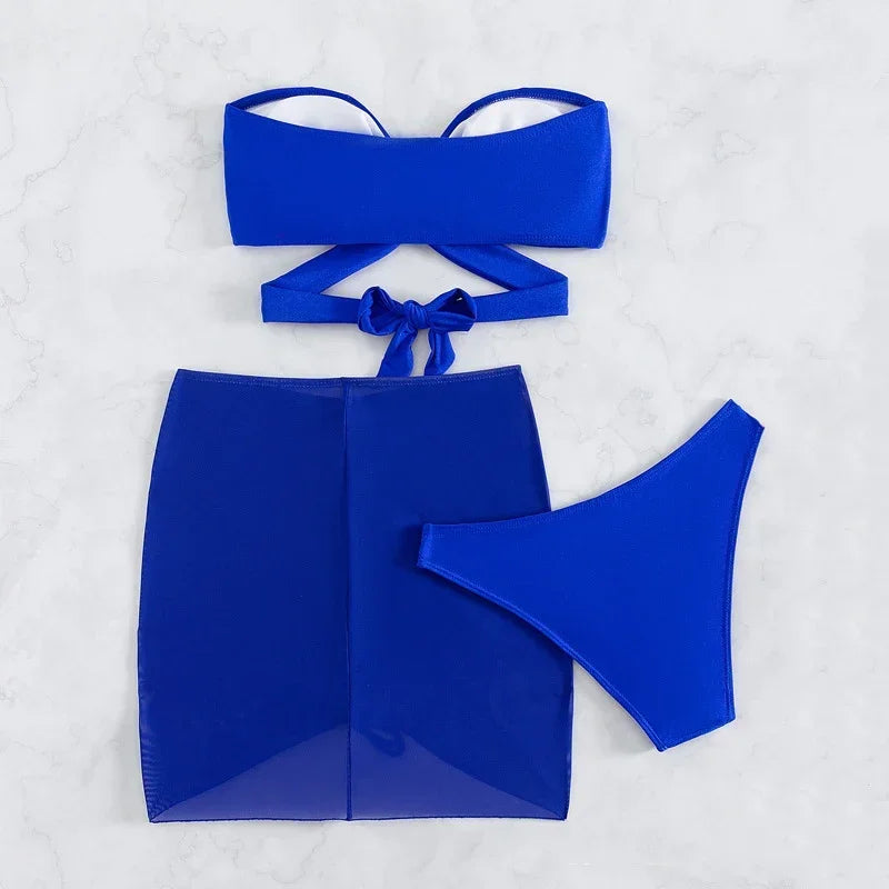 Blue Bandeau Swimwear Women Mesh Cover Up Three Piece Bikinis Set Swimsuits Female Bathing Suit Brazilian Beach Wear Swim