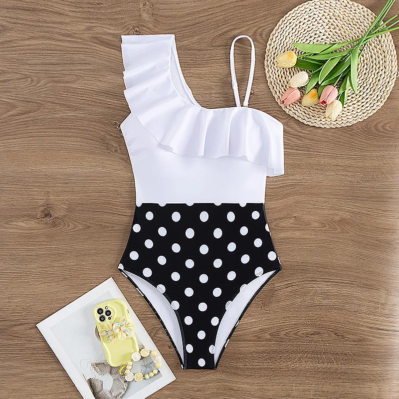Women's One Piece Swimsuit One Shoulder Black and White Patters  Print Swimwear Fashion Beach Holiday