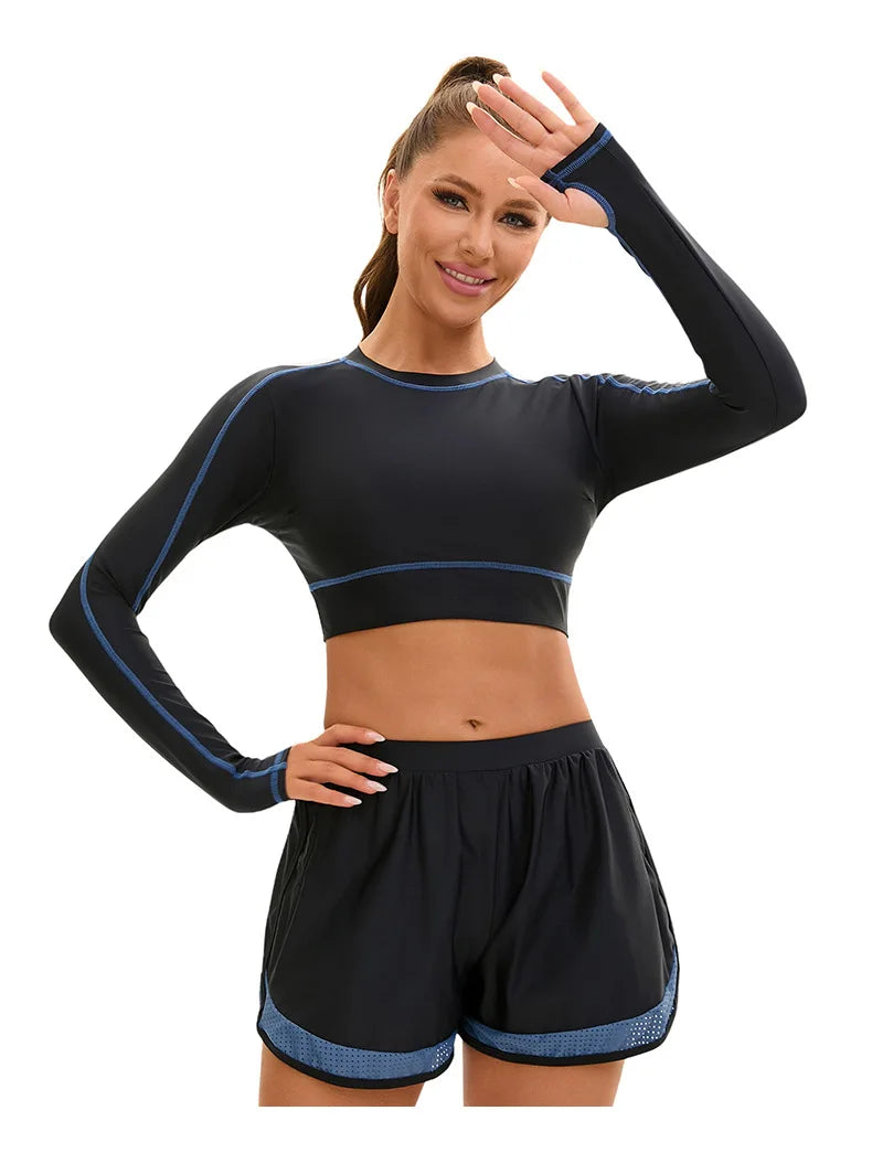 Women's Long Sleeve High Waist Two-Piece Swimsuit Sporty Color Block Surfing Rash Guard with Boyshort Bottoms