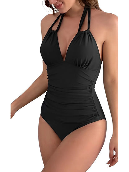 Halter Hollow Out Swimsuit Women Frill One Piece Vintage Swimwear Female Beachwear Bathers Bathing Swimming Swim Suit