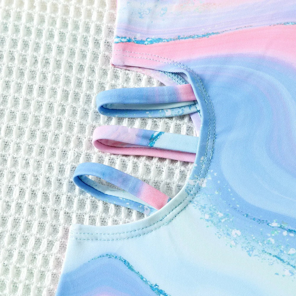 kids Tie-dye Print One-piece Swimsuit for Teen Girls Blue Swimwear Bathing Suits 5-15 Years