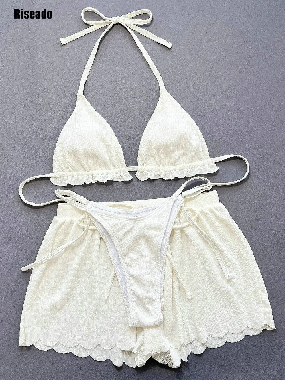 Women's Bikinis Set 3 Piece Thong Micro Bikini with Shorts Bottom Solid Mini Beach Suit