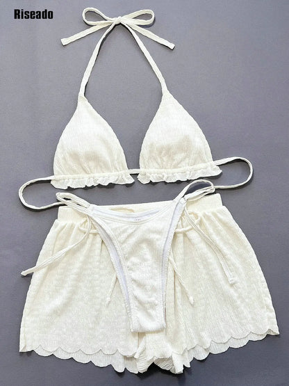 Women's Bikinis Set 3 Piece Thong Micro Bikini with Shorts Bottom Solid Mini Beach Suit