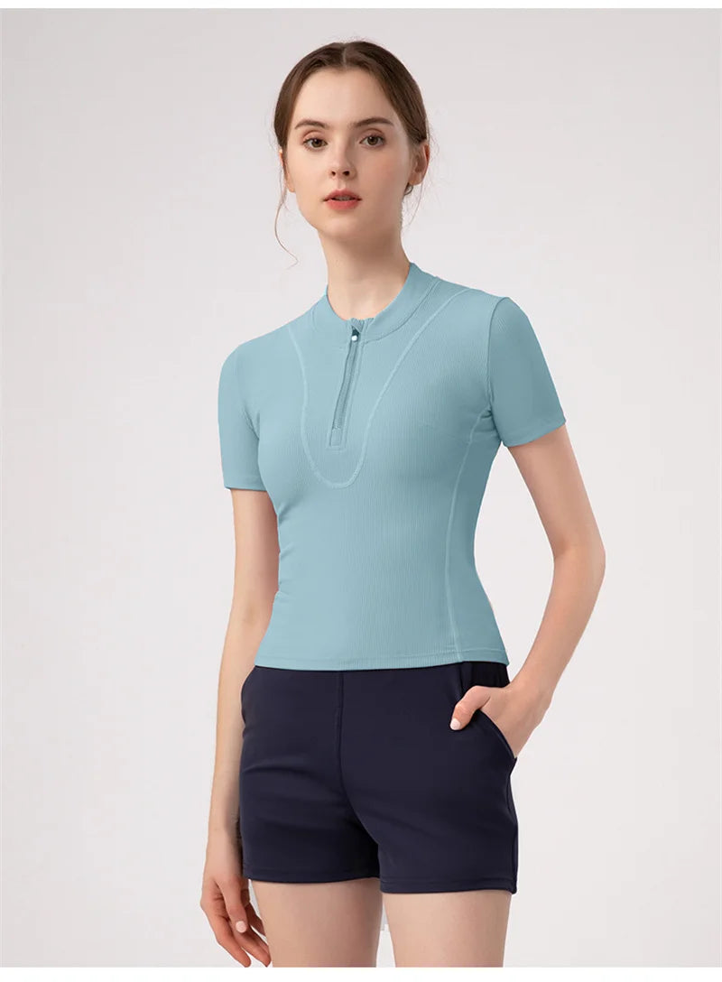 Aiithuug Women Slim Fit Gym Shirts Half Zip Workout Tops Quarter Zip Fitness Shirt Running Quicky Dry Short Sleeve Yoga Tops