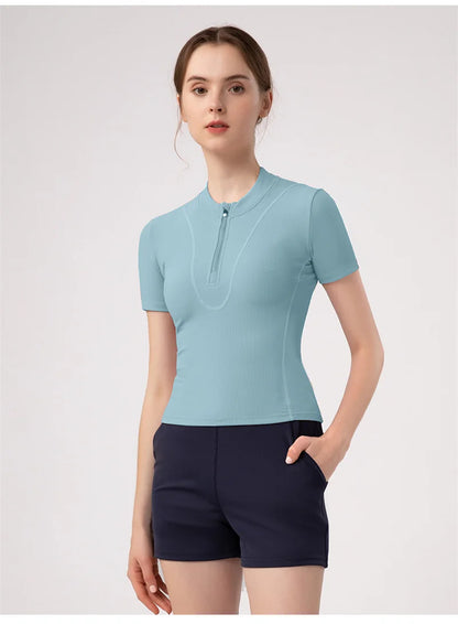 Aiithuug Women Slim Fit Gym Shirts Half Zip Workout Tops Quarter Zip Fitness Shirt Running Quicky Dry Short Sleeve Yoga Tops