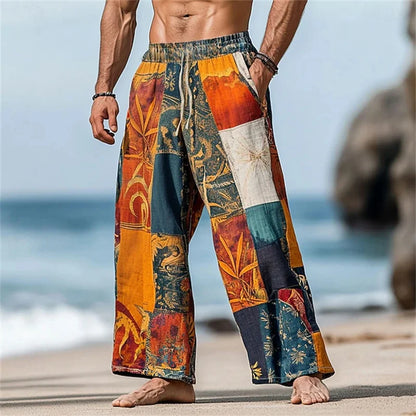 Men's Casual Patchwork Print Drawstring Straight-Leg Pants Relaxed Fit Hawaiian Vacation Trousers Comfortable And Breathable